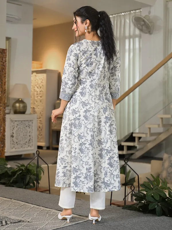 Grey printed cotton kurti set for women
