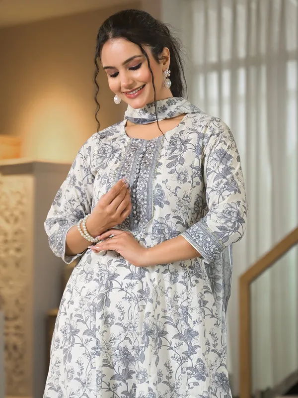 Grey printed cotton kurti set for women