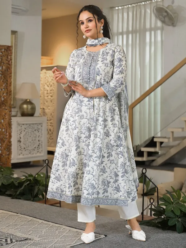 Grey printed cotton kurti set for women