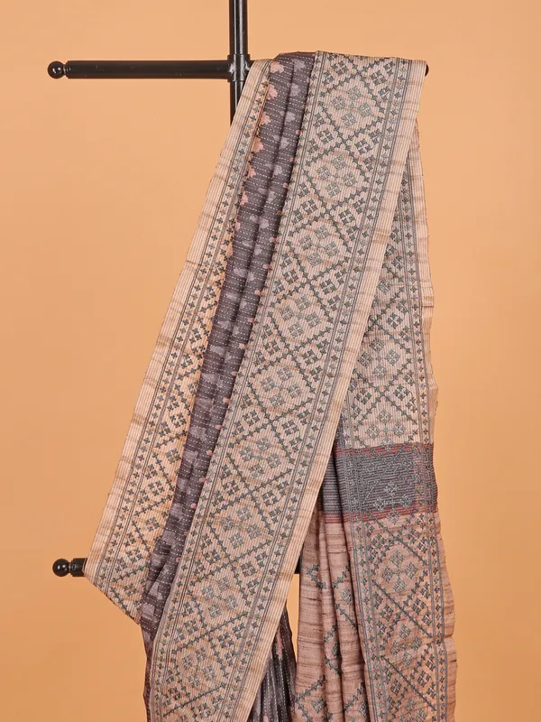 Grey printed cotton saree for festival