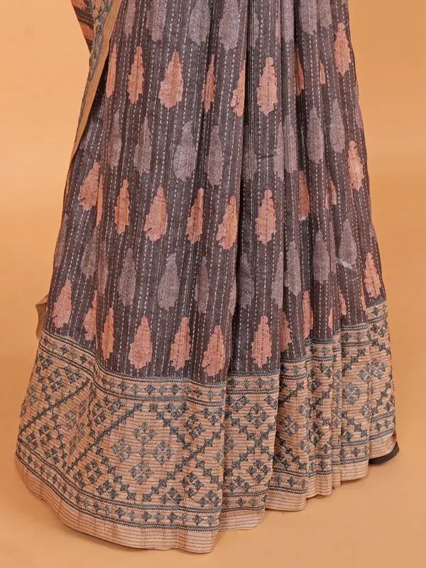 Grey printed cotton saree for festival