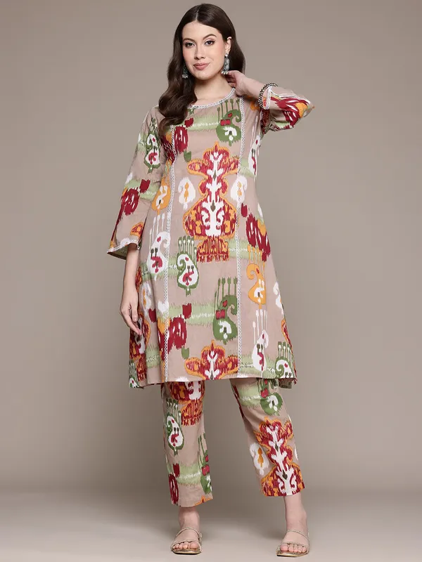 Grey printed cotton silk kurti set for festive wear