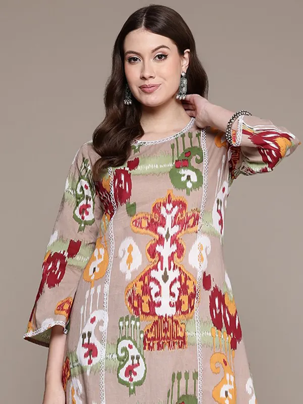 Grey printed cotton silk kurti set for festive wear