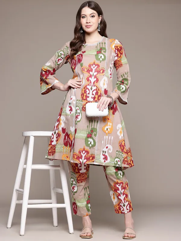 Grey printed cotton silk kurti set for festive wear