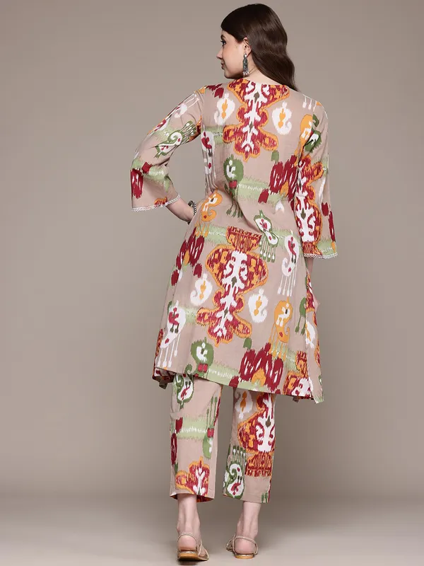 Grey printed cotton silk kurti set for festive wear