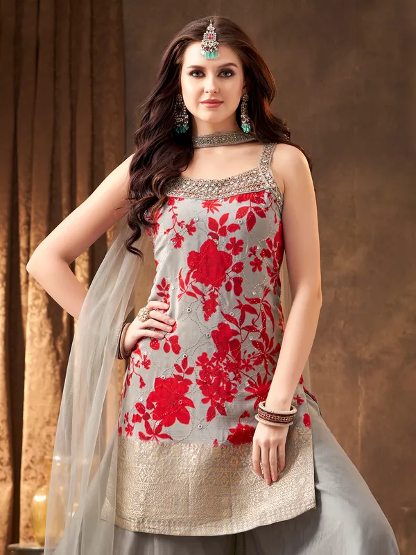 Grey printed cotton silk palazzo suit