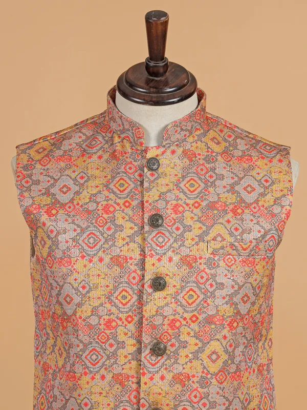Grey printed cotton silk waistcoat for men