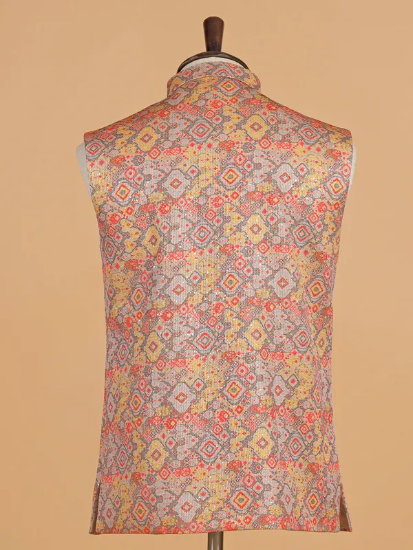 Grey printed cotton silk waistcoat for men