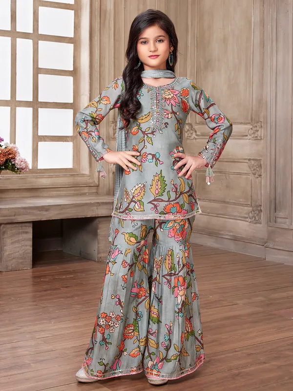 Grey printed cotton wedding sharara suit