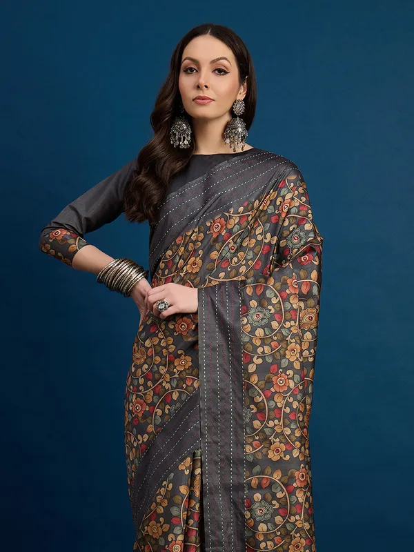 Grey printed cozi silk saree
