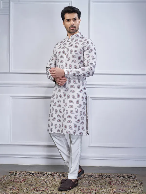 Grey printed festival wear kurta suit in cotton