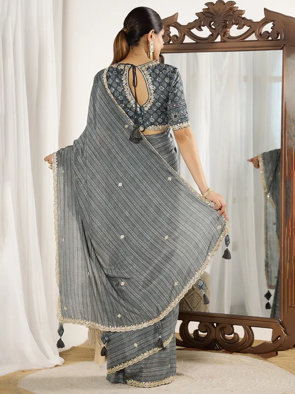 Grey printed festive style muslin saree