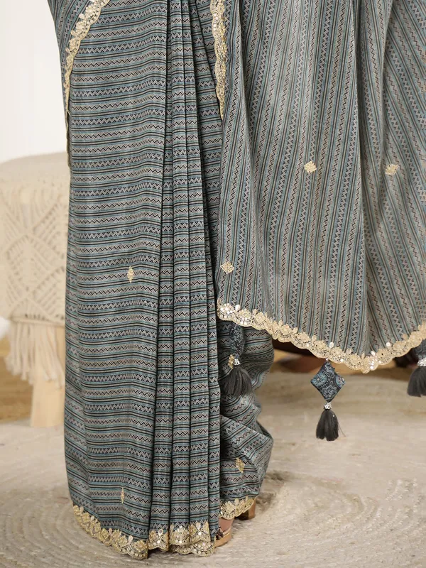 Grey printed festive style muslin saree