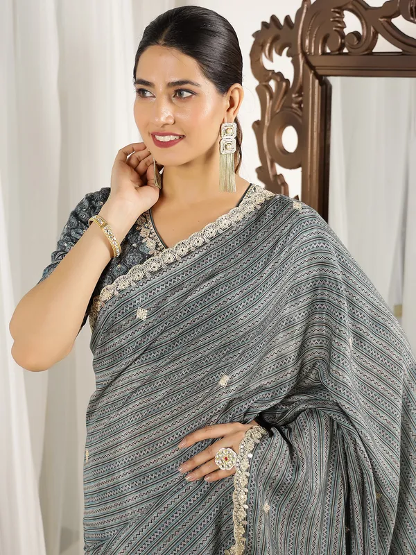 Grey printed festive style muslin saree