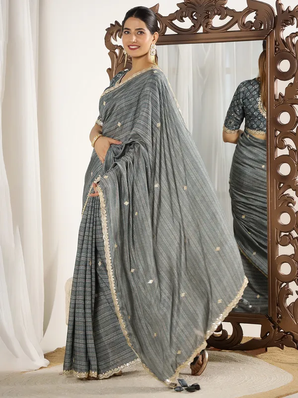Grey printed festive style muslin saree