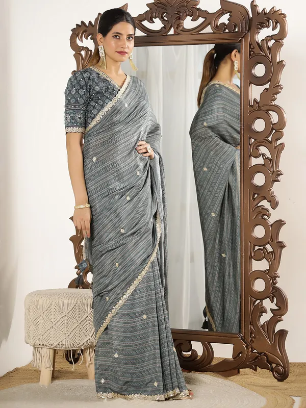 Grey printed festive style muslin saree