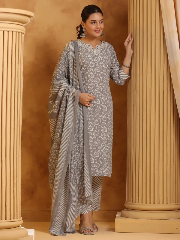 Grey printed festive wear silk kurti set