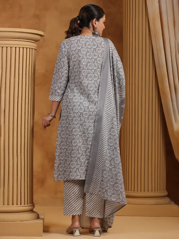 Grey printed festive wear silk kurti set