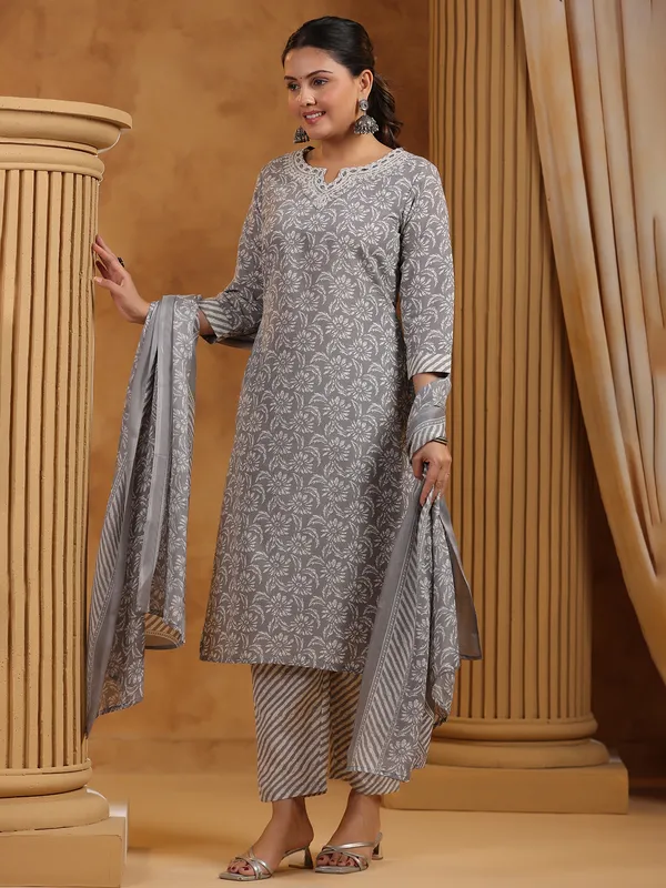 Grey printed festive wear silk kurti set