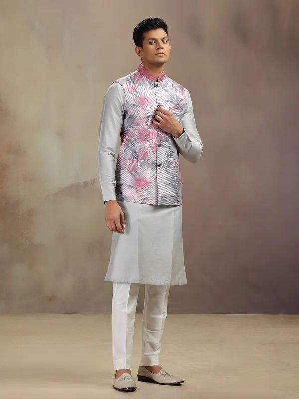 Grey printed grey waistcoat set in banarasi silk