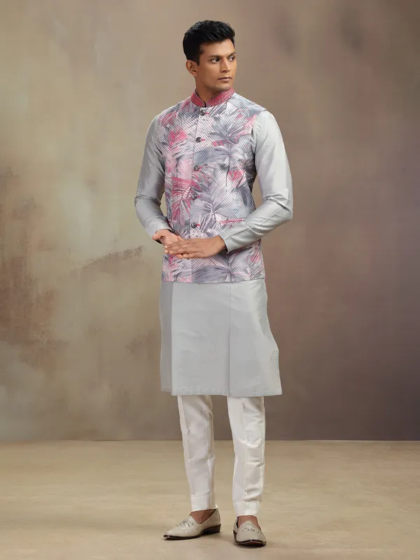 Grey printed grey waistcoat set in banarasi silk