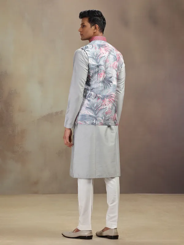 Grey printed grey waistcoat set in banarasi silk