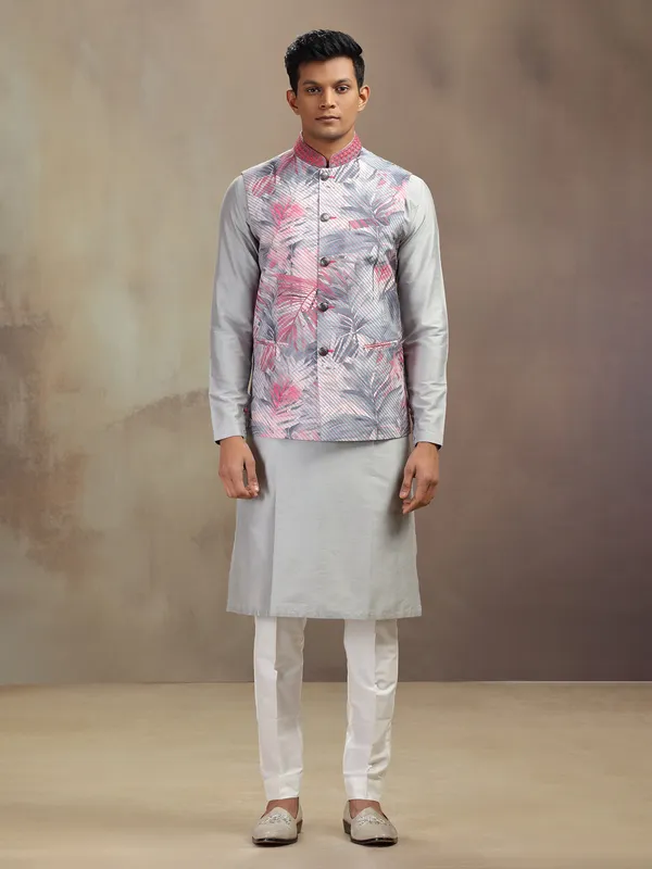 Grey printed grey waistcoat set in banarasi silk