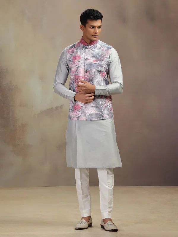 Grey printed grey waistcoat set in banarasi silk