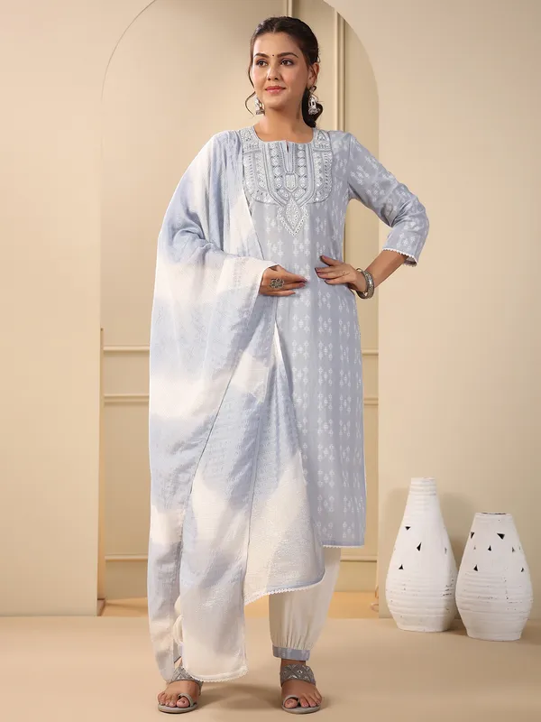 Grey printed kurti set with dupatta
