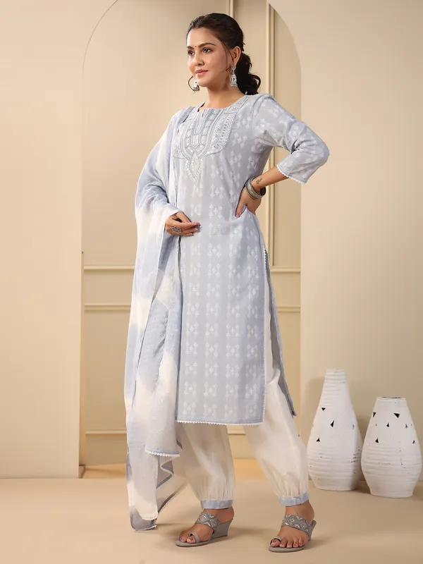 Grey printed kurti set with dupatta
