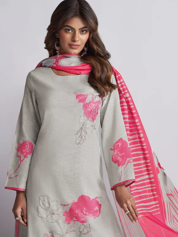 Grey printed linen cotton salwar suit