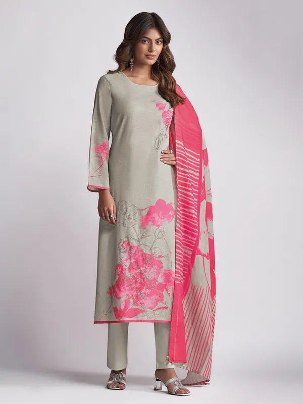 Grey printed linen cotton salwar suit