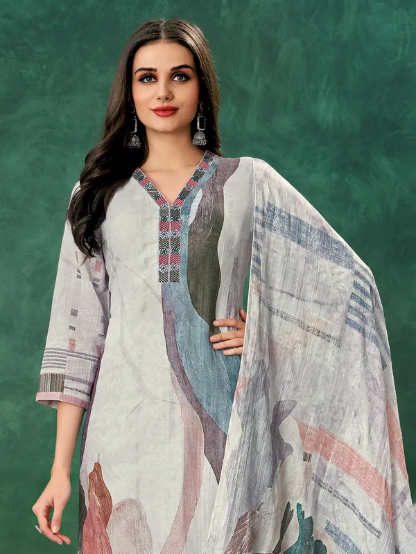 Grey printed linen salwar suit