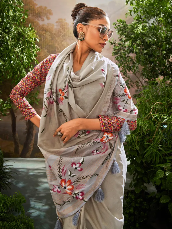 Grey printed linen saree for women festive wear
