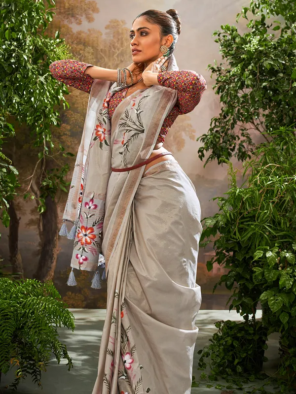 Grey printed linen saree for women festive wear