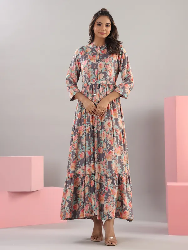Grey printed long kurti in silk