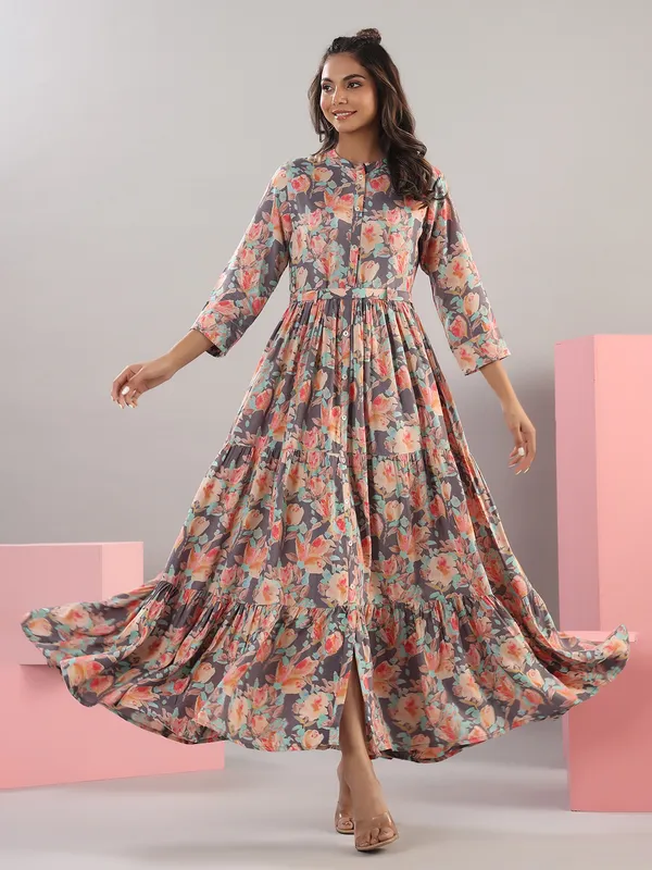 Grey printed long kurti in silk