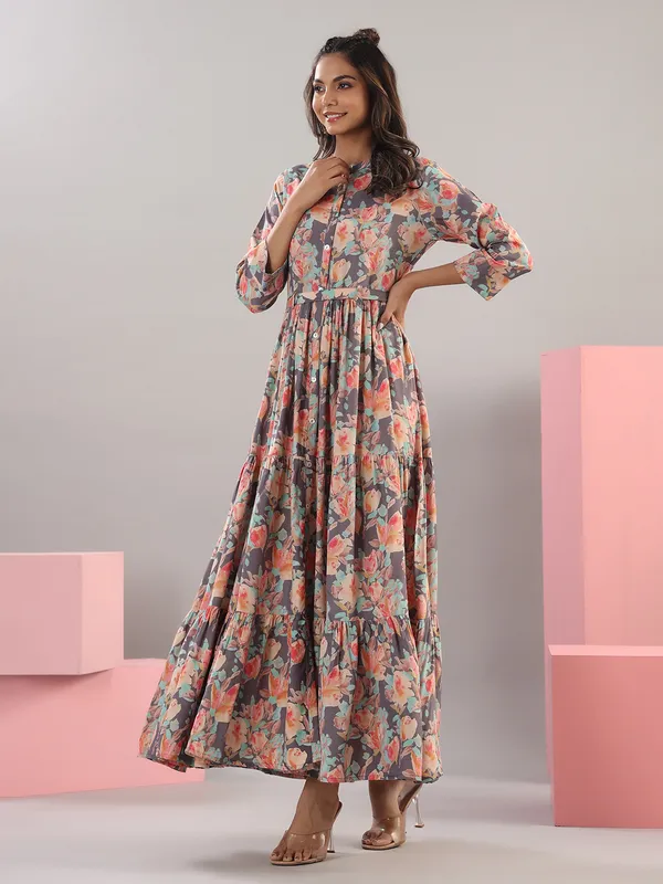 Grey printed long kurti in silk
