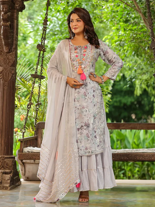 Grey printed long kurti with dupatta