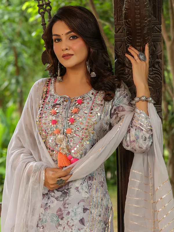 Grey printed long kurti with dupatta