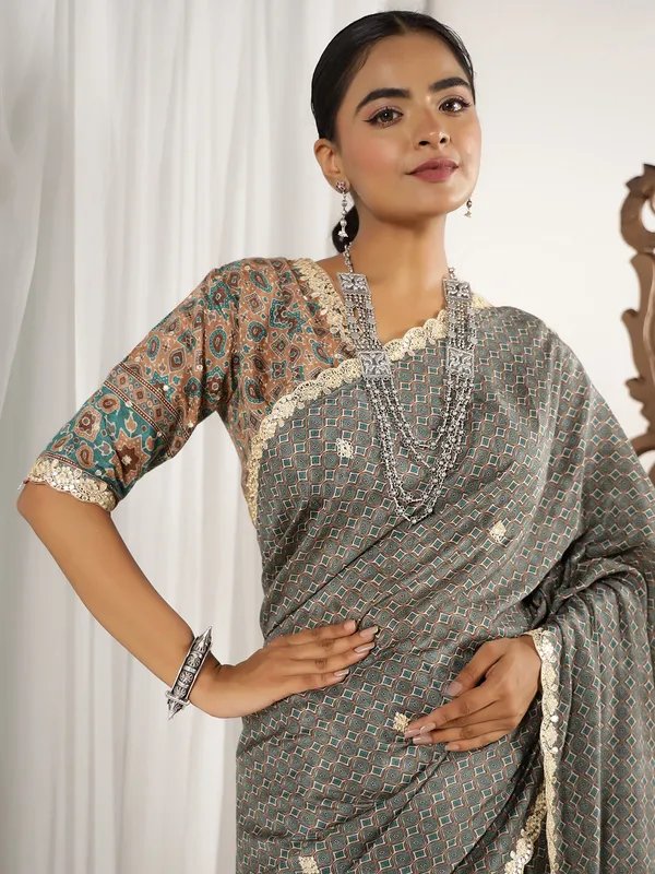 Grey printed muslin saree with ready made blouse