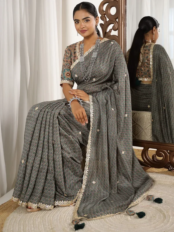 Grey printed muslin saree with ready made blouse
