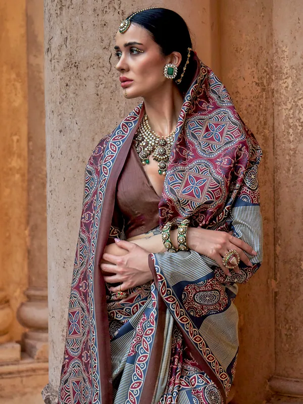 Grey printed party and festive wear saree