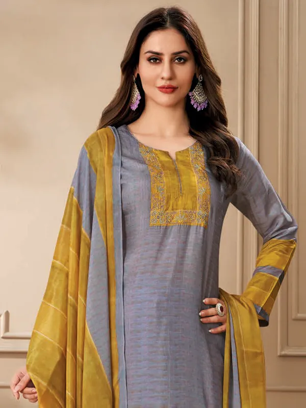 Grey printed salwar suit in dola silk