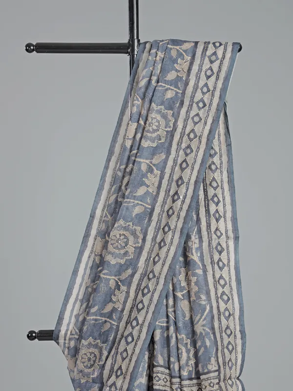 Grey printed semi cotton saree with thread work
