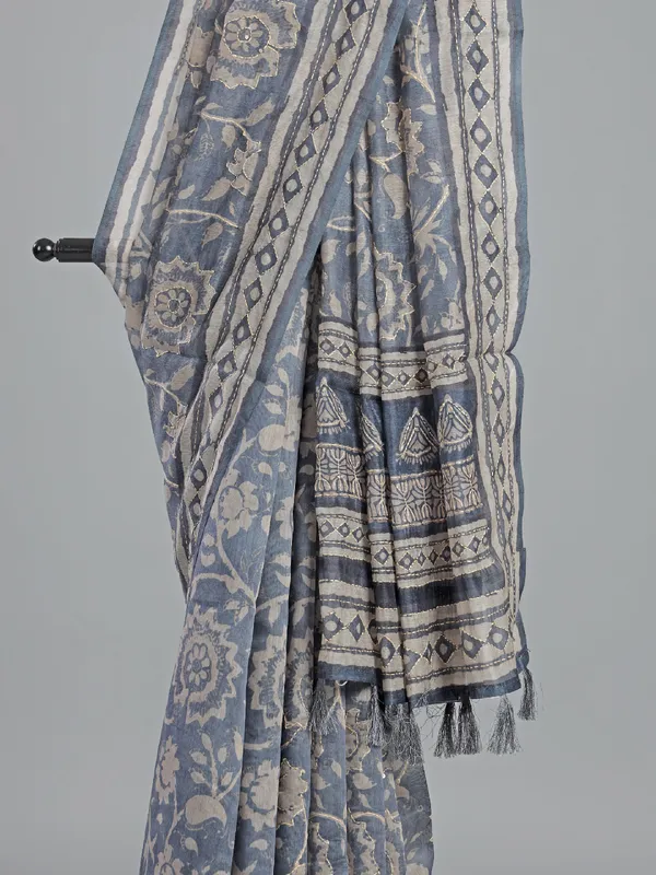 Grey printed semi cotton saree with thread work