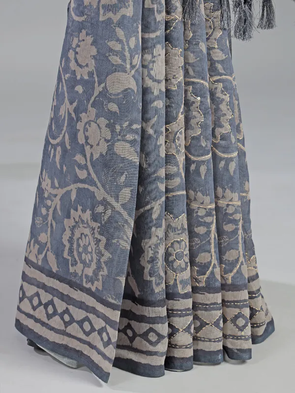 Grey printed semi cotton saree with thread work