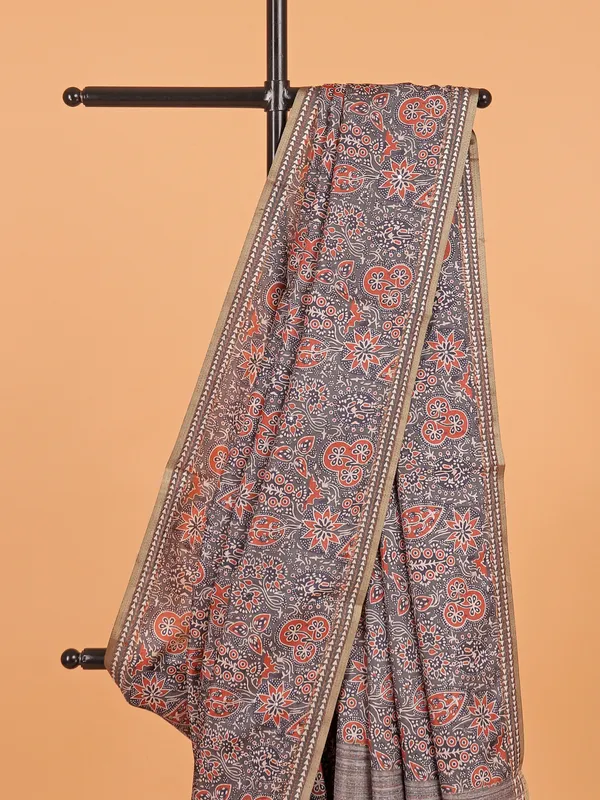 Grey printed semi cotton silk saree
