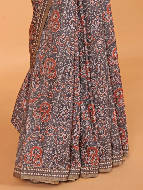 Grey printed semi cotton silk saree