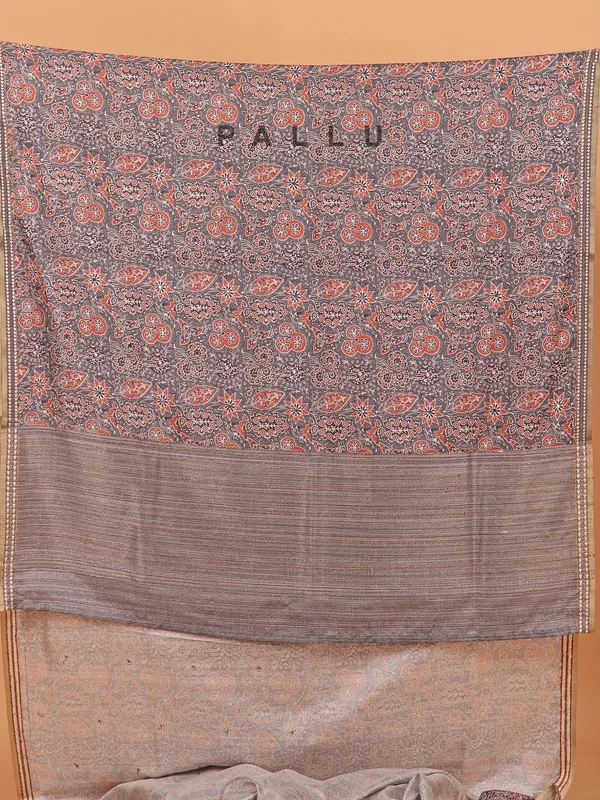 Grey printed semi cotton silk saree